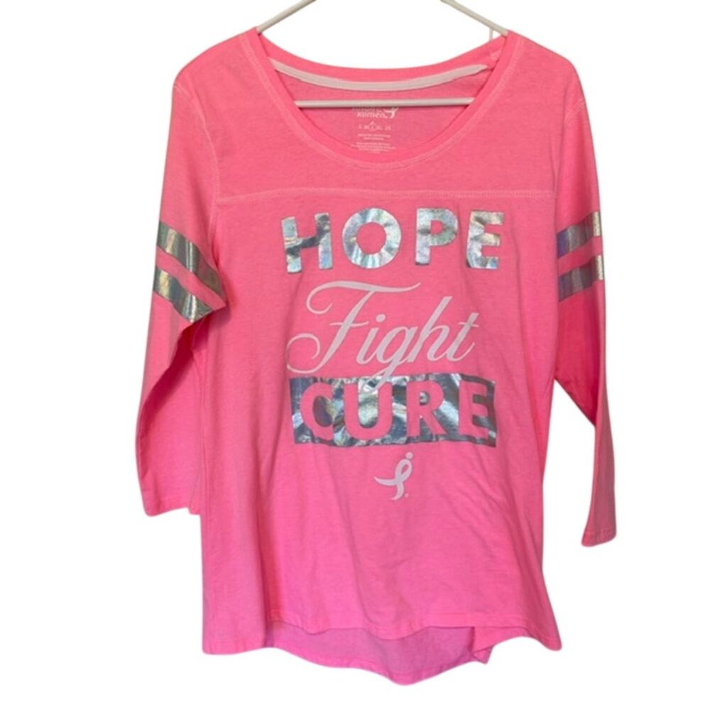 Susan G Komen Pink and Silver 3/4 Sleeve Scoop Neck T-Shirt - Large